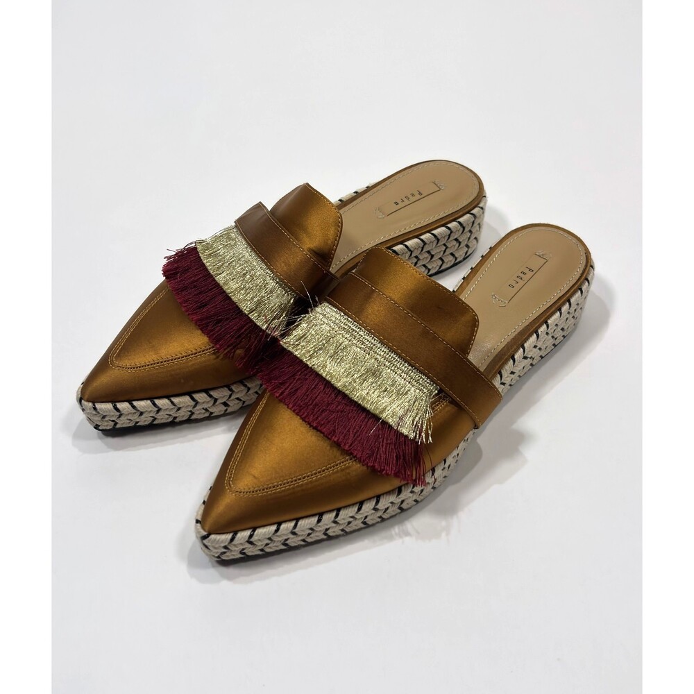 Pedro Satin Fringe Mule Espadrilles Copper Gold Maroon - 39 / Size 9